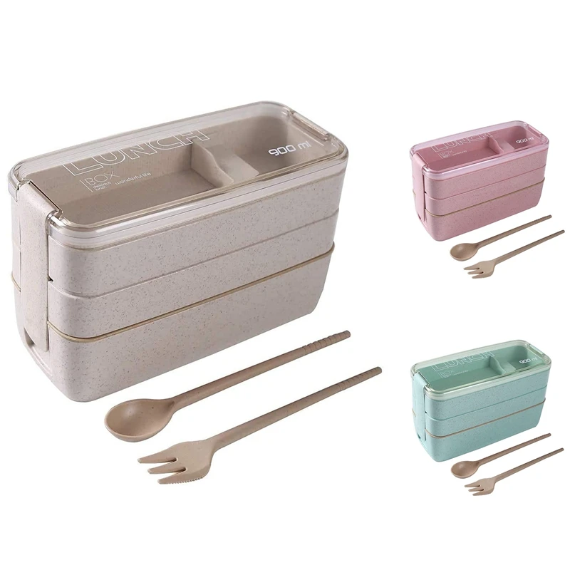 

Japanese Lunch Box Bento Box , 3-In-1 Compartment, Wheat Straw, Eco-Friendly Bento Lunch Box Meal Prep Containers
