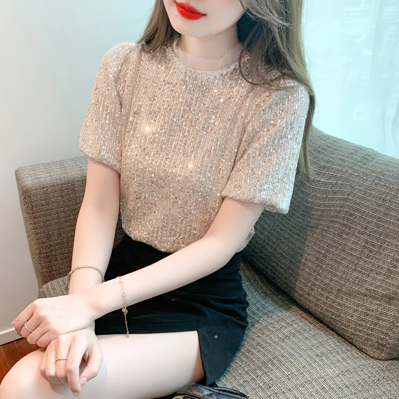 

Женская футболка с блестками, Повседневная облегающая футболка из органзы с коротким рукавом-фонариком, модель 2023 на лето, 32987