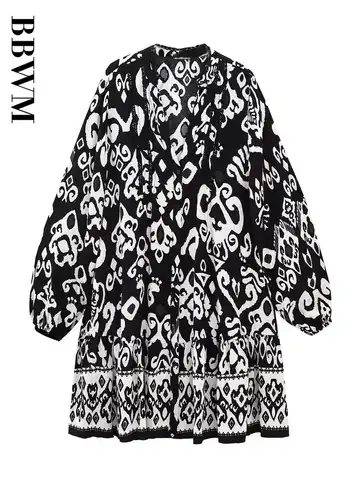 Spring Summer 2023 Dress Women Printed Mini Dresses Loose Ladies Soft Party Dresses Vintage Long Sleeve Chic A-line Vestidos