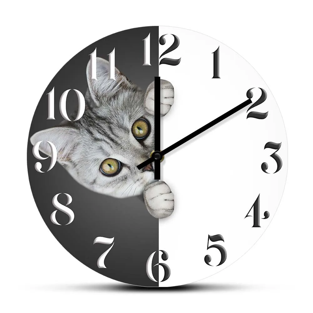 

Funny Hiding Cat Modern Design Wall Clock Girls Bedroom Curious Kitty Kitten Peekaboo Artwork Decorative Silent Sweep Wall Watch
