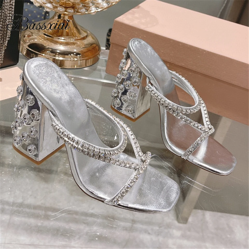 

Jeweled Rhinestone Narrow Band Sandals Women Diamond Crystal Chunky Heel Slingbacks Slim Outwear Mules Summer