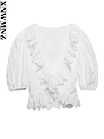 xnwmnz 2022 womens fashion white ruffle trim v neck top or pleated stitching mini skirt female chic suit