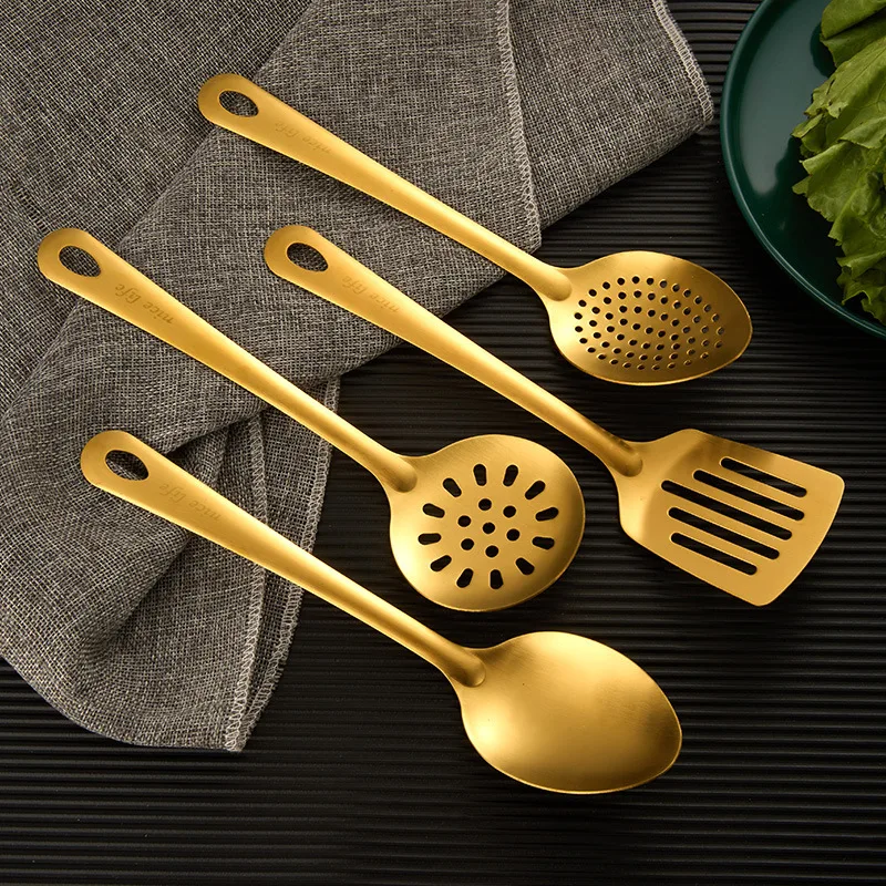 

of stainless steel kitchenware set for household use Korean style golden soup spoon, hot pot spoon, kitchen cooking spatula