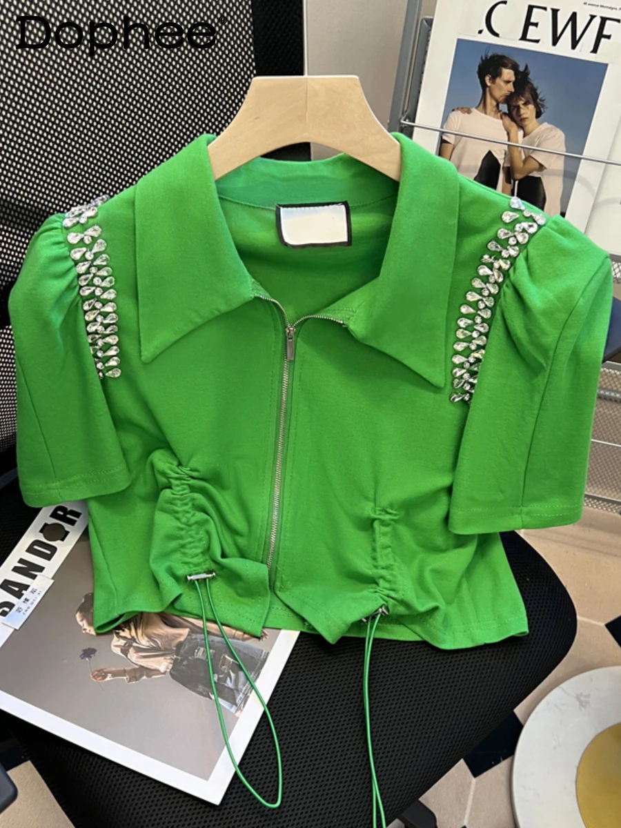 

Fashion Exquisite Rhinestone Drawstring High Waist Zipper Lapel Puff Sleeve T-shirt Women's Short Top 2022 Summer New Clothes