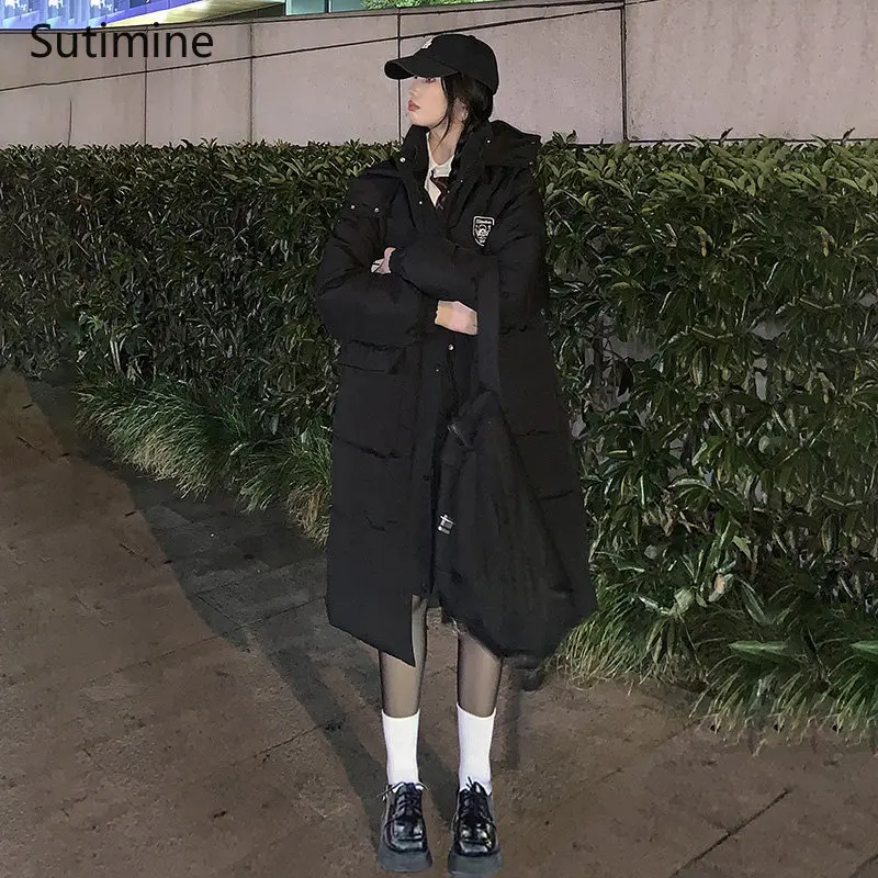 Winter Clothes Women Button Office Lady Women Cotton Coat Hooded Over Knee Down Cotton Coat Loose Pockets Winter Coat Women