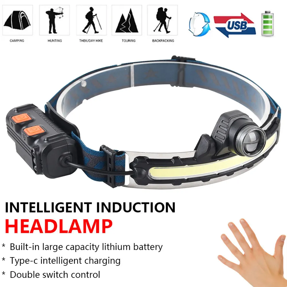

Sensor LED Headlight COB USB Headlamp Telescopic Camping Riding Head Torch Flashlight Rechargeable Head Light for Fishing