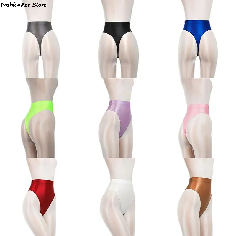 

Women Shiny High Waist G-string Sheer See Through Sexy Brief Candy Color Elastic T-Back Oil Thong UnderWear Dance Wear