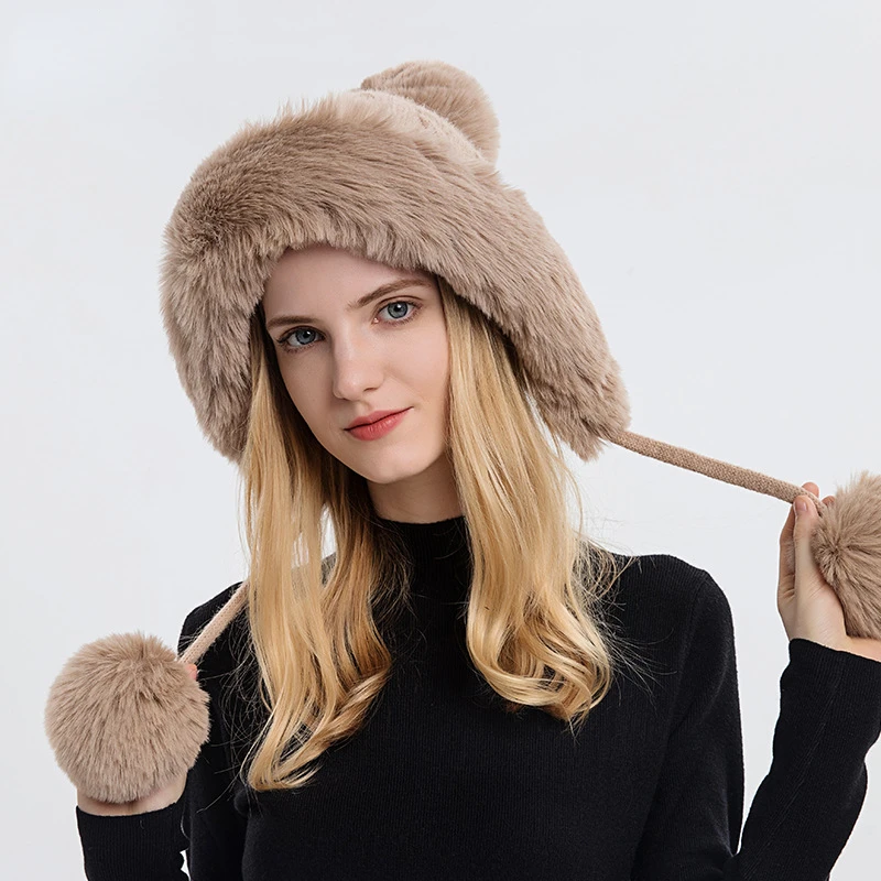 Winter Warm Knitted Hat Fur Women Hat with Earflap Two Balls Lady Outdoor Thicken Plush Fluffy Cap Russian Hats for Women