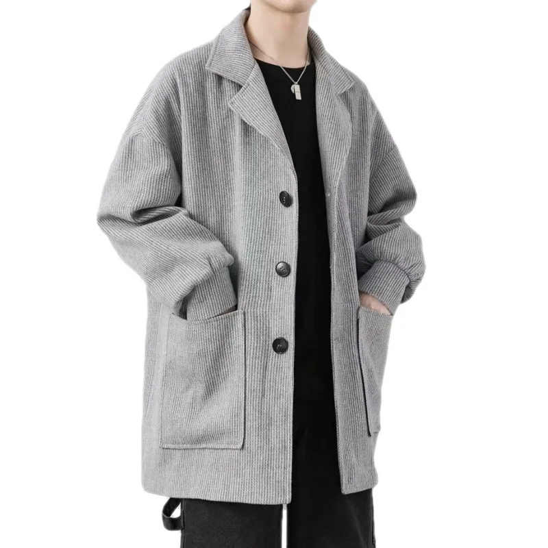 Corduroy woolen coat Men's winter mid-length over-the-knee windbreaker trend woolen coatMen's winter jackets parkas Man coat