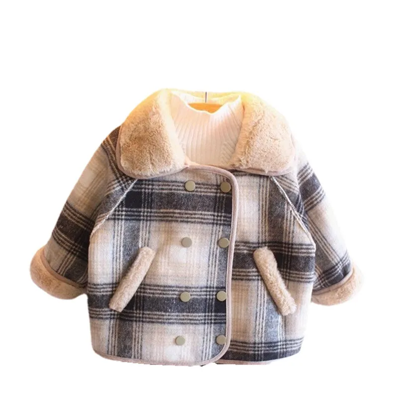 

2022 England Style Kids Outerwear Jacket for girls Winter Coat Plus velvet Baby boy Plaid Woolen cloth jackets Double-breasted