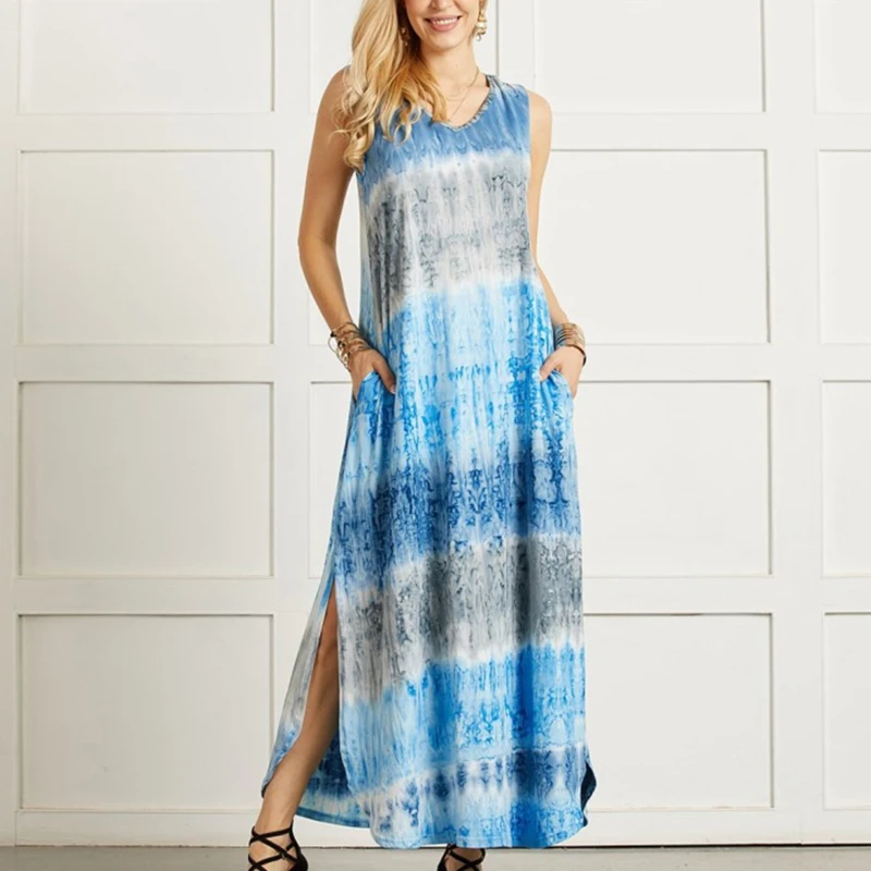 

Vintage Sexy Women's Tie-dye Print Split Irregular Hem V-neck Sleeveless Long Dress Summer Big Swing Beach Party Mooie Jurk