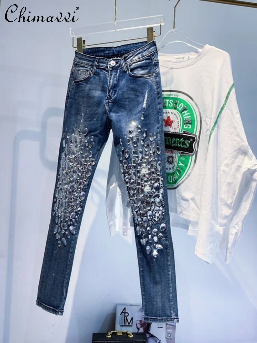 

Женские джинсы с бриллиантами, облегающие брюки из джинсовой ткани ручной работы, в европейском стиле, осень 2022