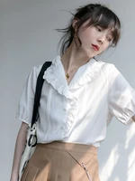 harajuku ruffles turn down collar shirt for women summer short sleeve single breasted shirt lady elegant white shirt top