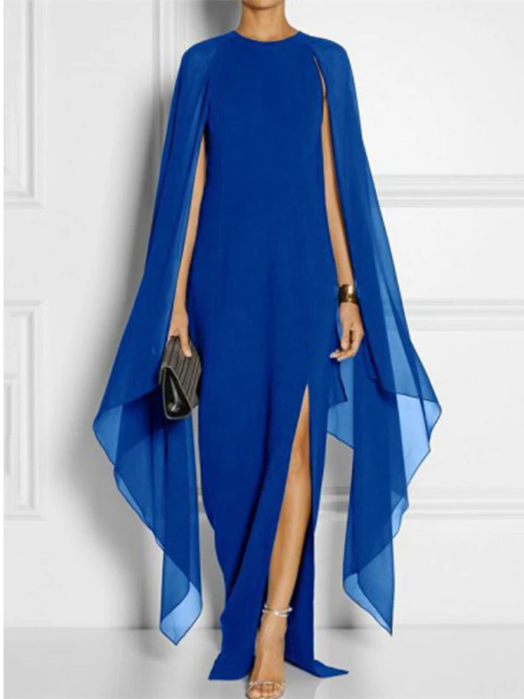 

Elegant Ankle-Length Slit Evening Dresses Blue Chic O-Neck Long Robe Africa Long Sleeve Dinner Gown for Ladies
