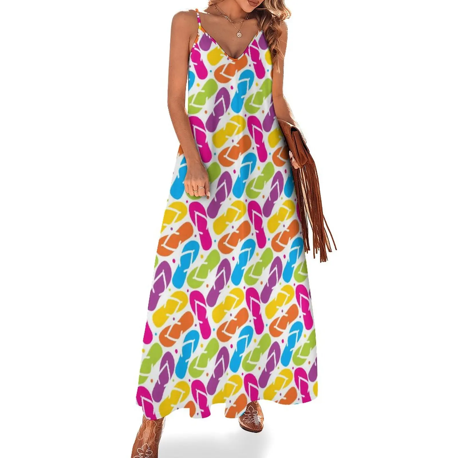 

Cool Vacation Dress Colorful Flip Flops Vintage Maxi Dress Korean Fashion Boho Beach Long Dresses Women Print Large Size 3XL 4XL