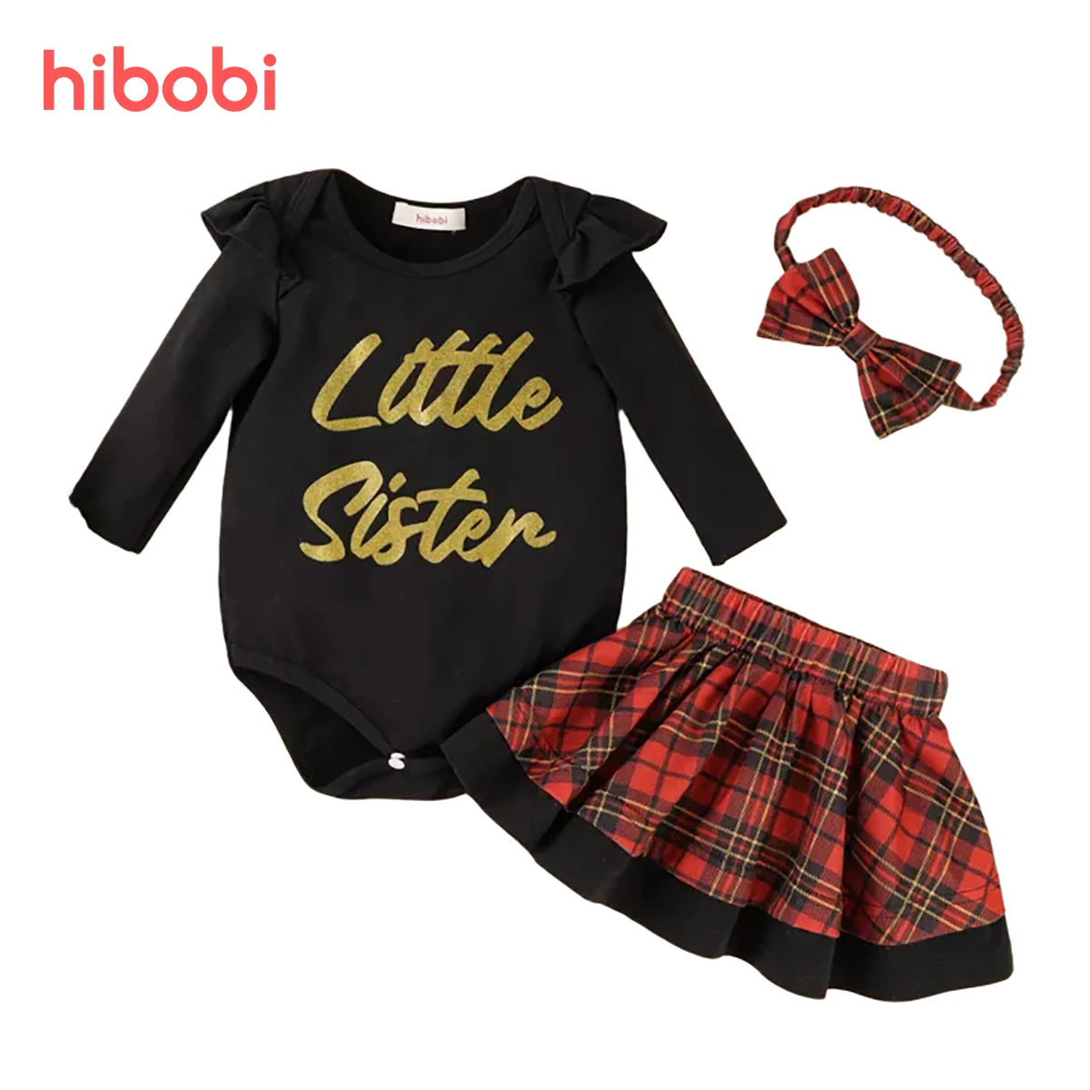 

hibobi Baby Girl Christmas Bronzing Letter Romper & Red Plaid Skirt & Headband Baby Girl Clothes Long Sleeve Girls Dress Set