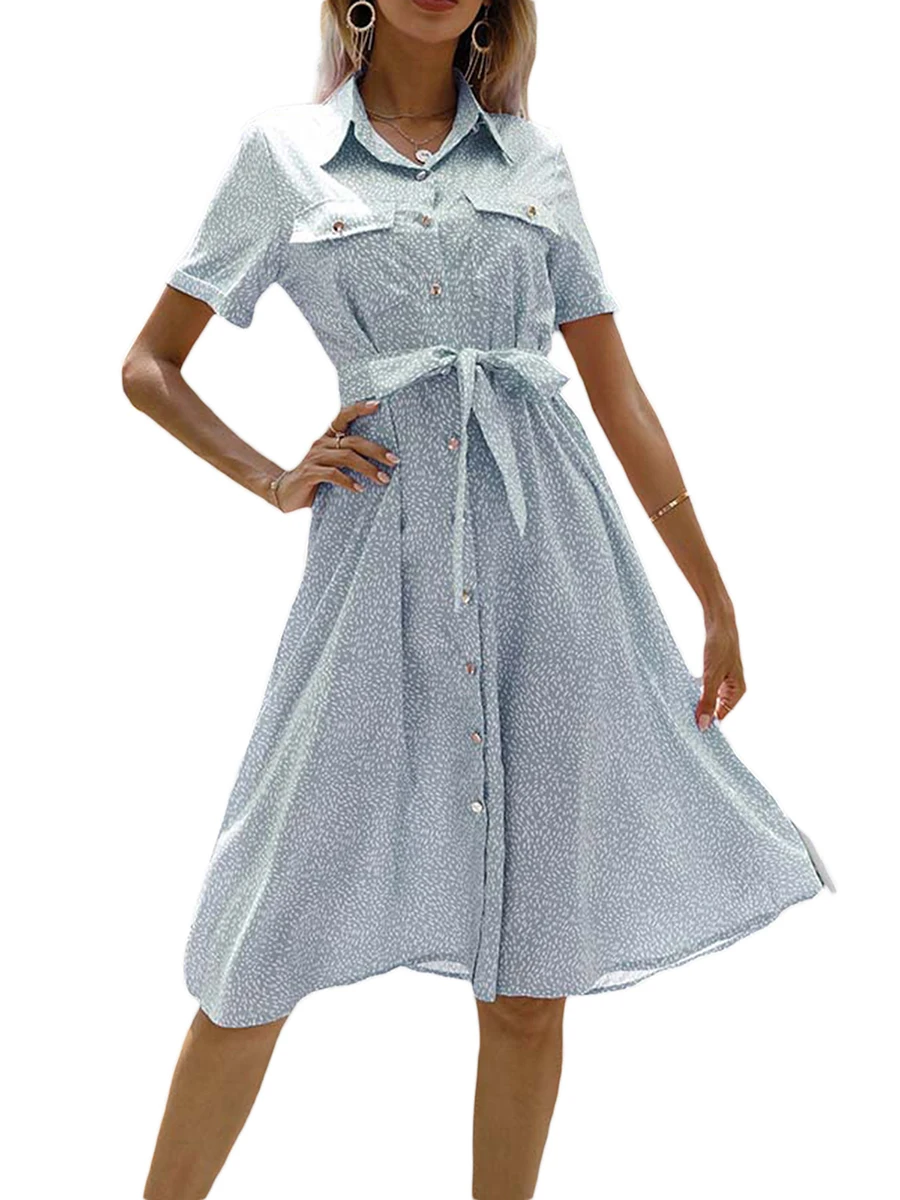 

Women’s Short Sleeve A-line Dress Fashion Print Lapel Button Mid-length Dress with Belt