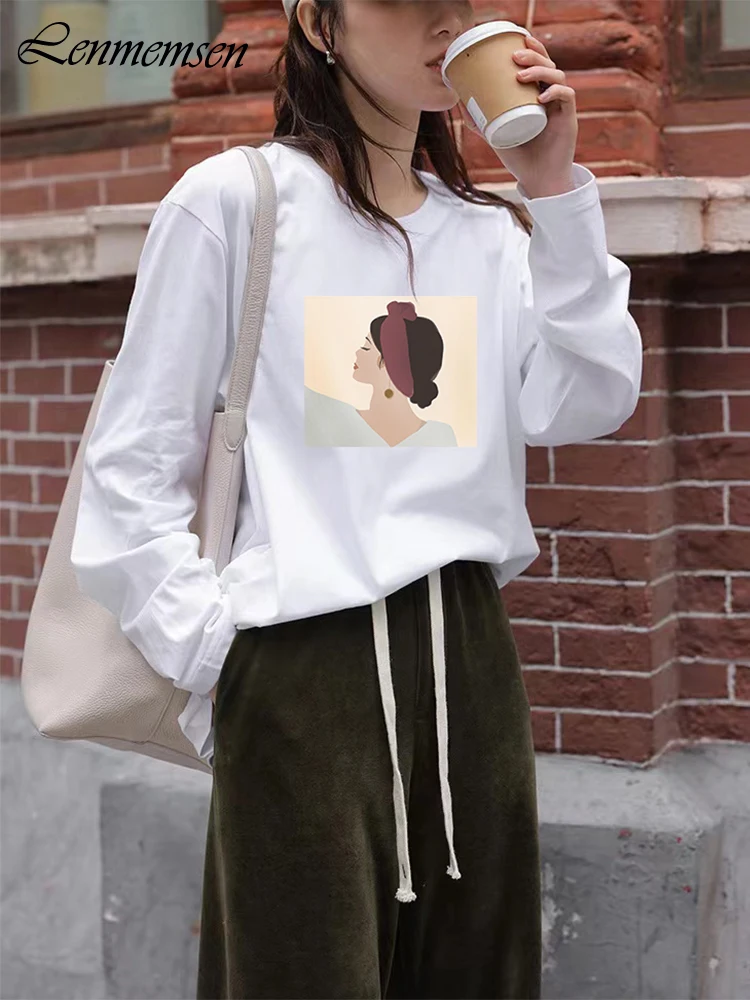 Lenmemsen весенние хлопковые футболки с длинным рукавом для женщин повседневные