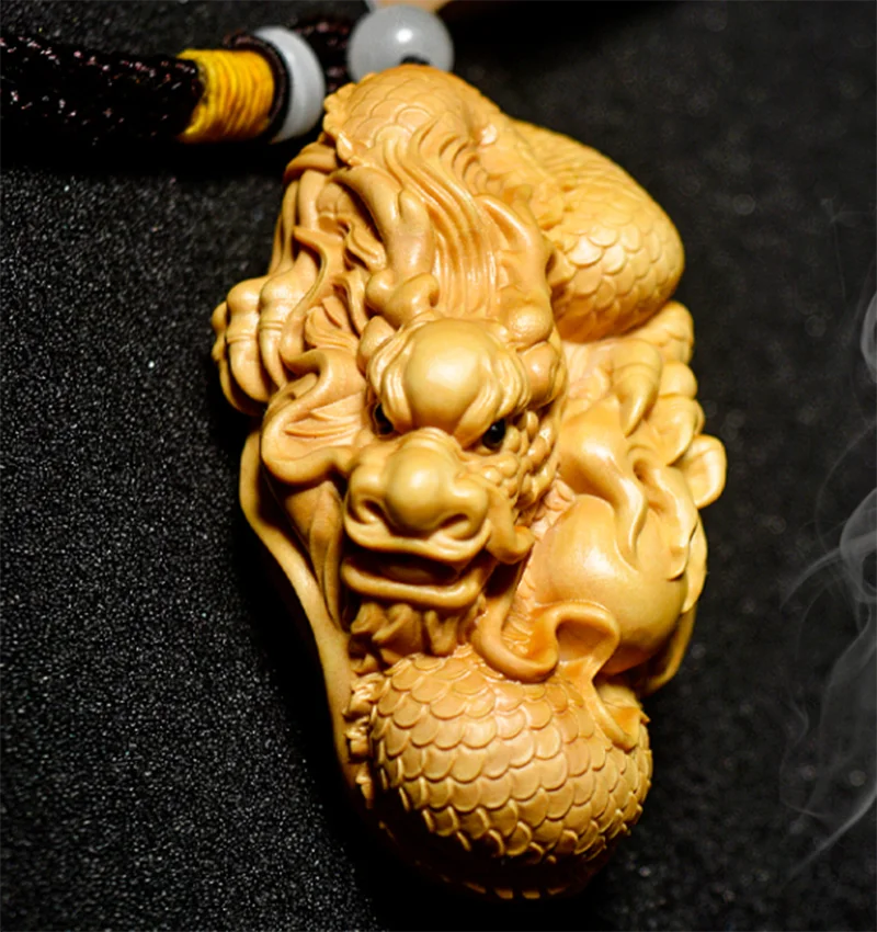 

8 CM Zodiac Dragon Baby Pendant Hand Carved Boxwood Figurine Carving Wealthy Pi Xiu Head Netsuke Feng Shui Sculpture - #W117