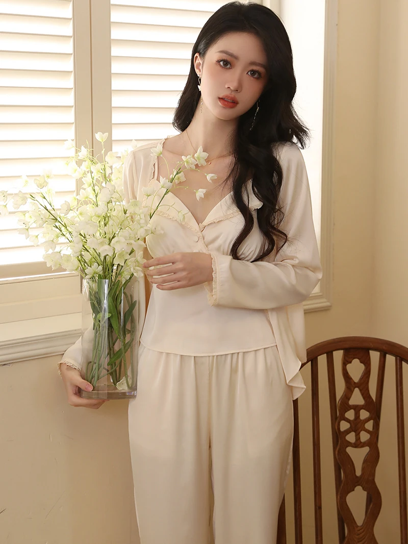 Women French Spring Summer Long Sleeve Silk Top Pants Pajamas Three Piece Pantsuits Fairy Lace Sleepwear Victorian Nightgowns