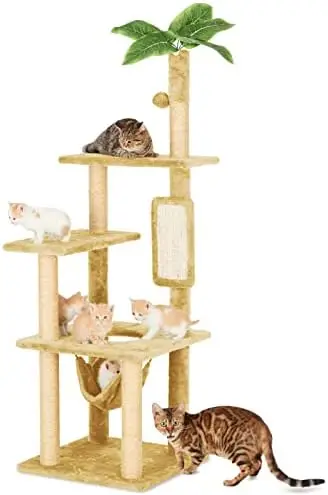 

POPTOP 55" Tree for Indoor Cats with Green Leaves, Multi-Level Large Tower for Indoor Cats with Hammock, Plush House with Han