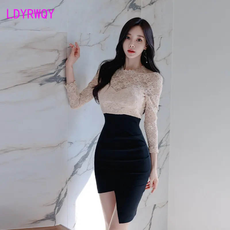 

2023 summer women's new Korean version temperament round neck long sleeve lace panels slim fit irregular hip wrap dress