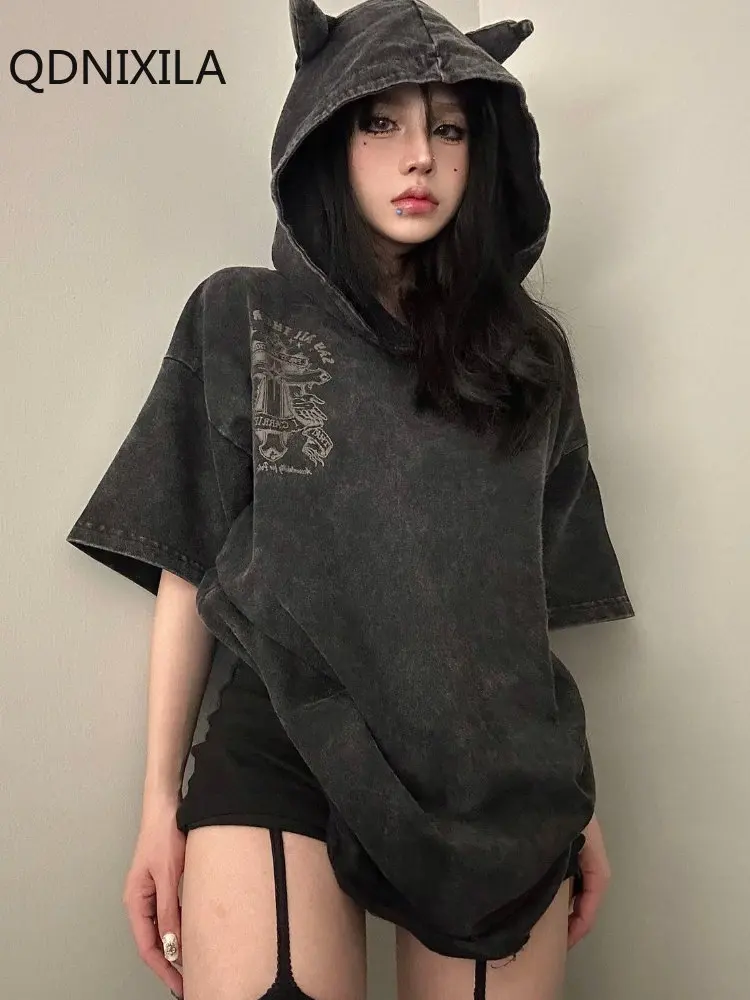 

Top Women Multiple Styles Hooded Little Devil Cotton Women's T-shirt Washed and Worn Out Lovers Short Sleeve Tee Summer Tops