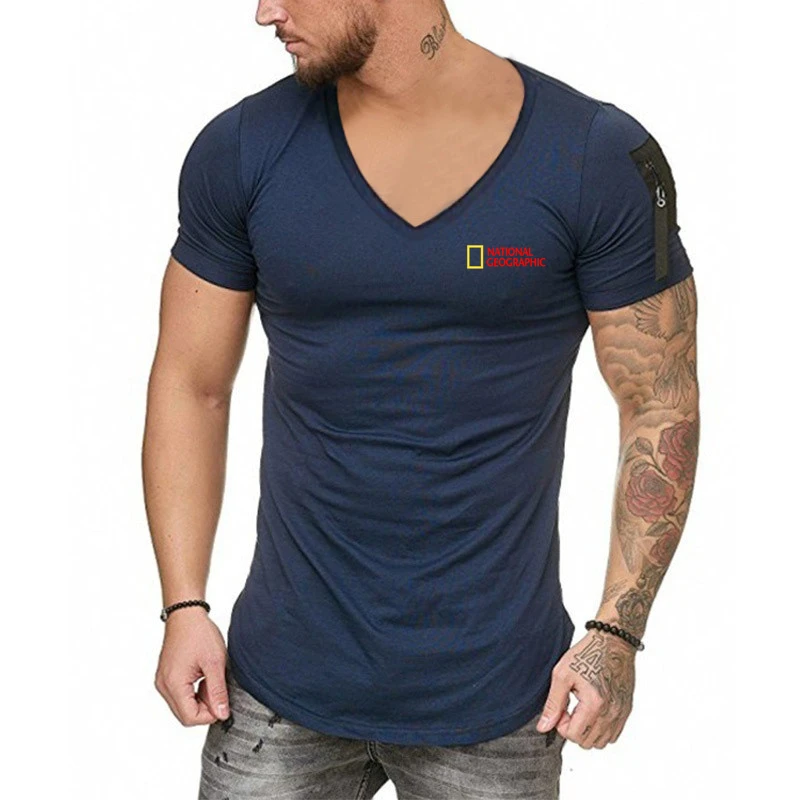 

National Geographic Men T-Shirt Letter Printing Zipper Shoulder Sleeve Pocket Hip Hop V-Neck Fitness Muscle Male Sports T-Shirt