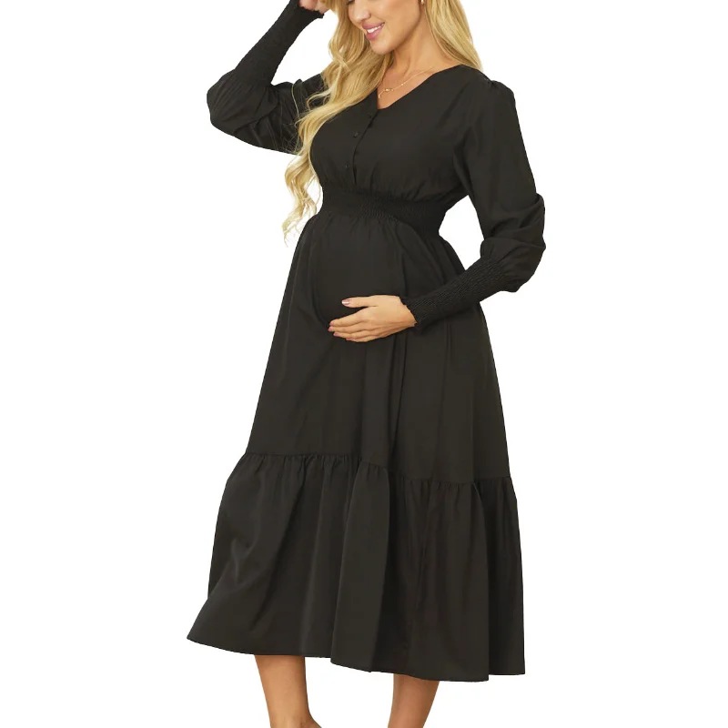 Spring & Autumn Fashion Casual Pregnancy Dress V-Neck Mid-Calf Plus Size Dress Maternity Maxi Dress Cotton Pregnancy Clothes enlarge