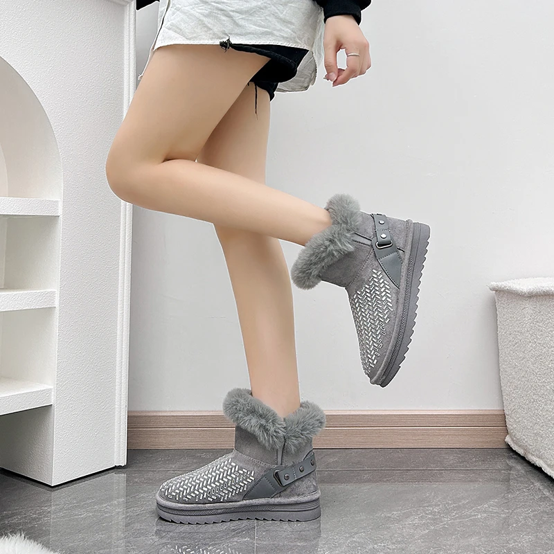 

Женские ботинки без шнуровки, теплые ботинки на плоской подошве с кристаллами, повседневная обувь, новинка 2023