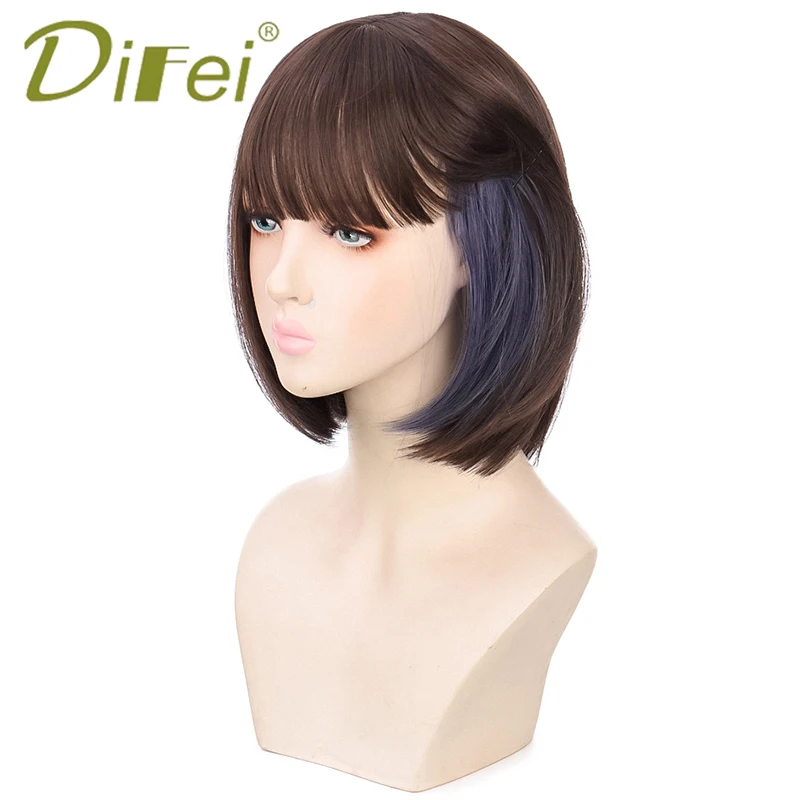 DIFEI Synthetic Short Straight Bob Wig With Bangs Woman Blue Hanging Ear Dye Heat Resistant Hair 12 Inch Daily Wear Wig