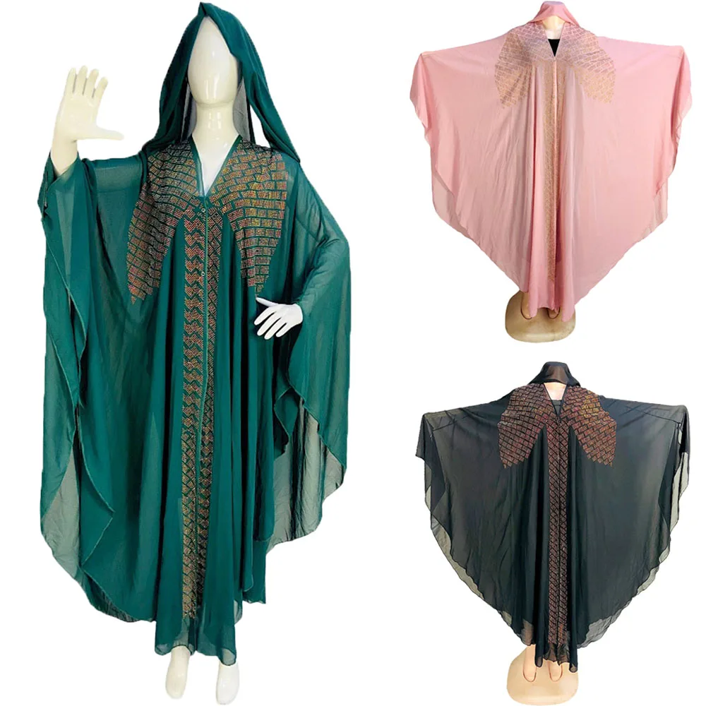 

Plus Size Summer African Muslim Caftan Abaya Dress Women Diamonds Morocco Boubou Kaftan Chiffon Islamic Bat Sleeve Long Dresses
