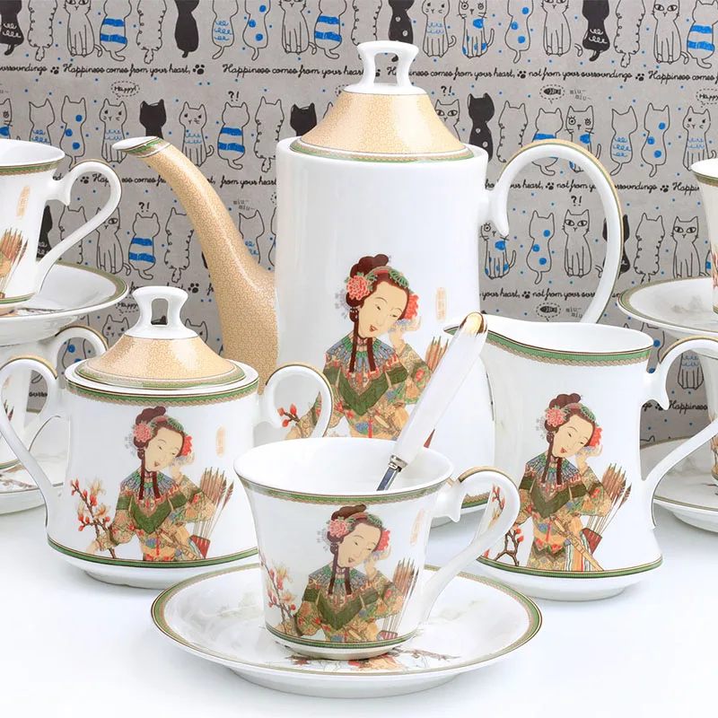 

15PCS Bone China Hua Mulan Coffee Set Porcelain Tea Set Ceramic Pot Sugar Bowl Creamer Teapot Milk Jug Cafe Cup Mug Coffeeware