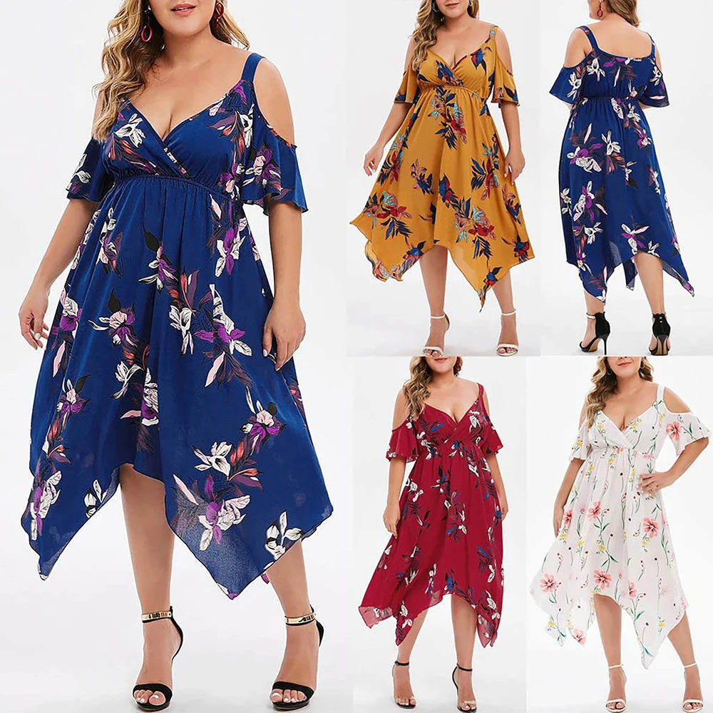 

Summer Dress Women's Open Shoulder Sexy V-neck Spaghetti Strap Floral Print Midi Dress Casual Boho Beach Sundress Plus Size 5XL