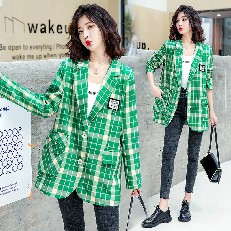 2023 Spring Women Blazer Classic Green Plaid Casual Blazers Coat Office Ladies Single Breasted Outerwear British Fashion Jacket