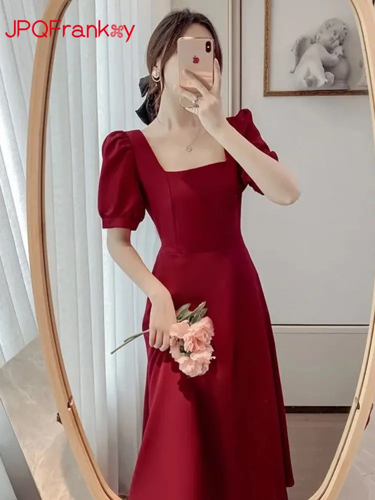 

Hepburn-style Dress Women's Summer Puff Sleeves Women Square Neckline Waist Temperament Over-the-knee Long Skirt Dresses Dress