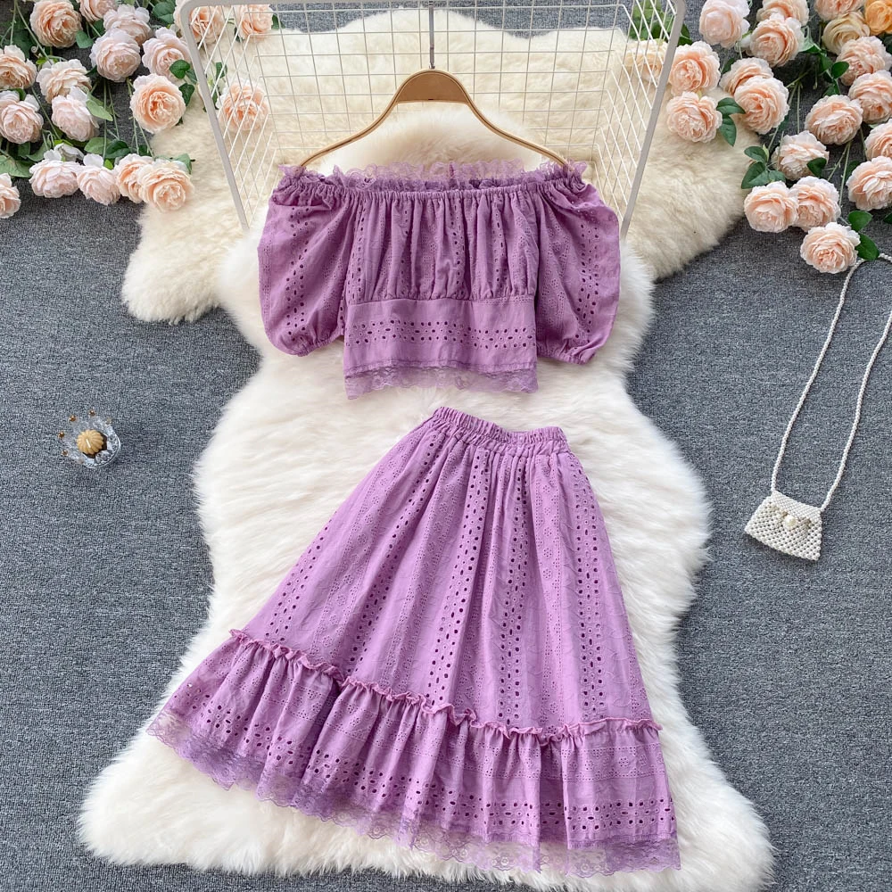 

Clothland Women Sexy Off Shoulder Top Skirt Suit Slash Neck Crop Top Mini Skirt Lace Candy Color Summer Chic Sets TZ355