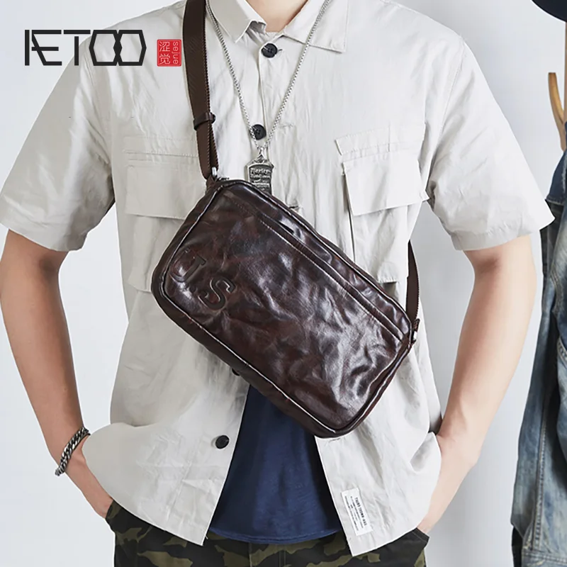 AETOO Boys leather messenger bag, versatile men's shoulder bag, trendy retro men's bag