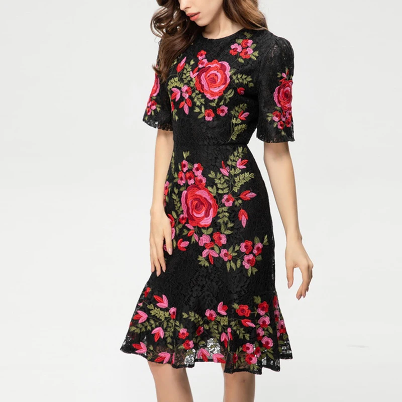 Vintage Black Lace Floral Embroidery Dresses for Women 2023 Designer High Quality Elegant O-neck Midi Meriaid Summer Dress