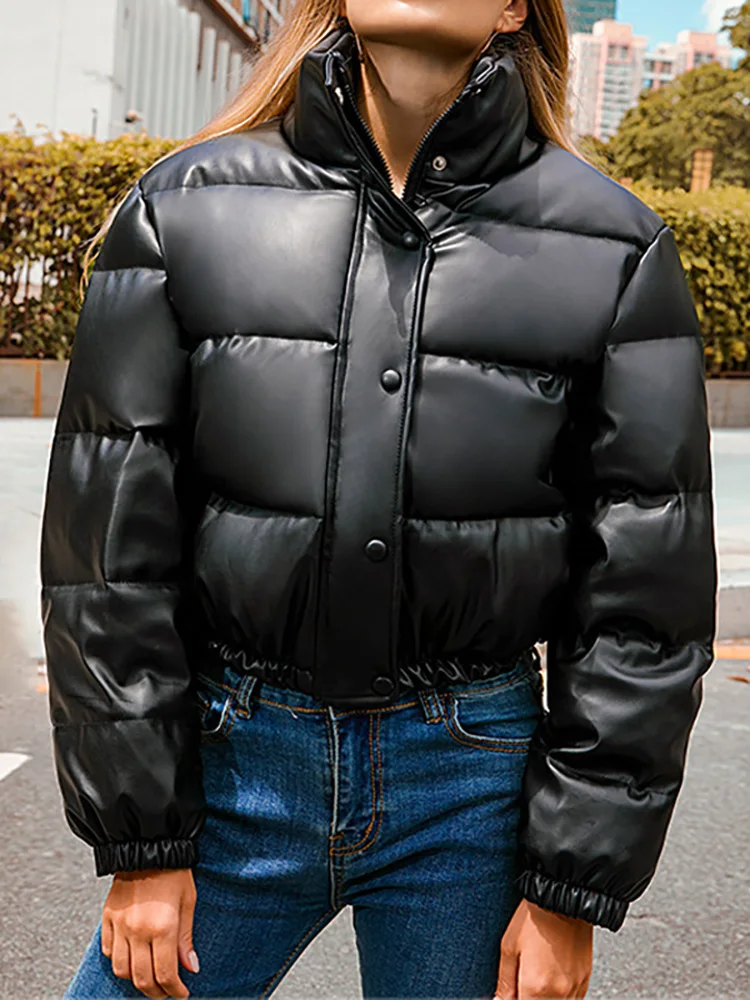 

Winter Warm Thick PU Leather Coats Women Short Parkas Fashion Black Cotton Padded Lady Down Jacket Elegant Zipper Clothes 2022