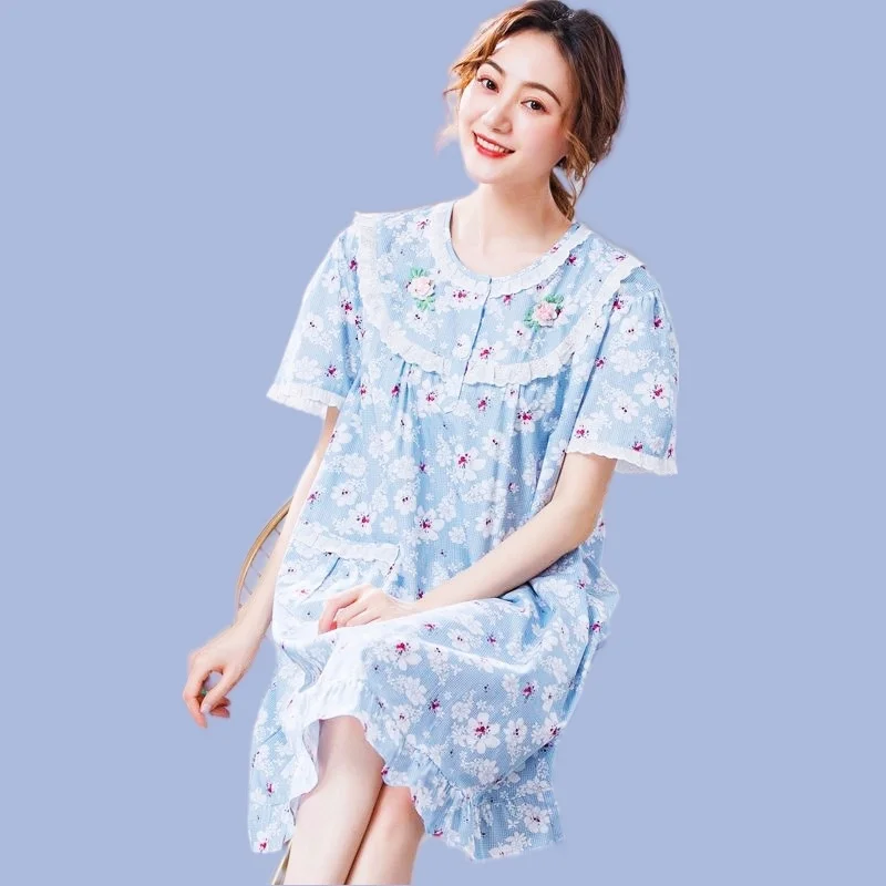 Summer Casual Women's Plaid Nightdress For Women Elastic Cotton Flower Nightgown O-Neck Short Sleeve Nightwear Fashion Clothes