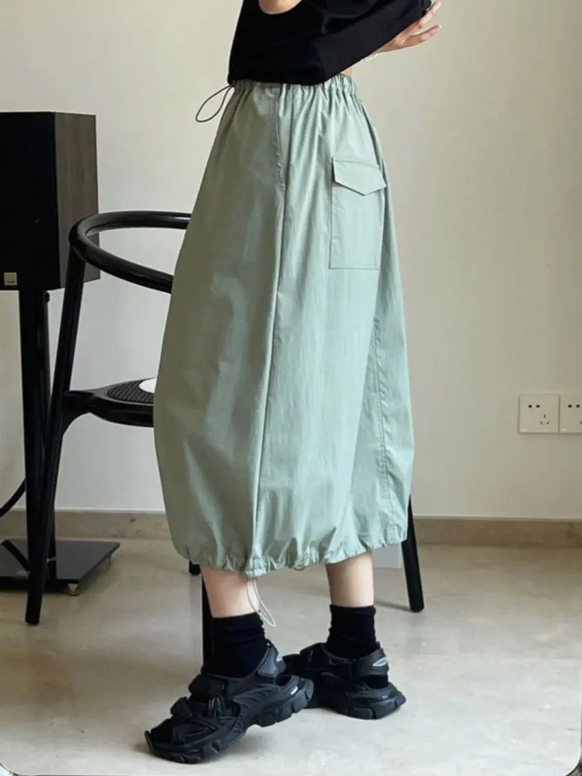 White/Gray Green Cargo Skirt Summer Japan Korea Casual Elastic Drawstring Sports Skirt Loose Long Skirt