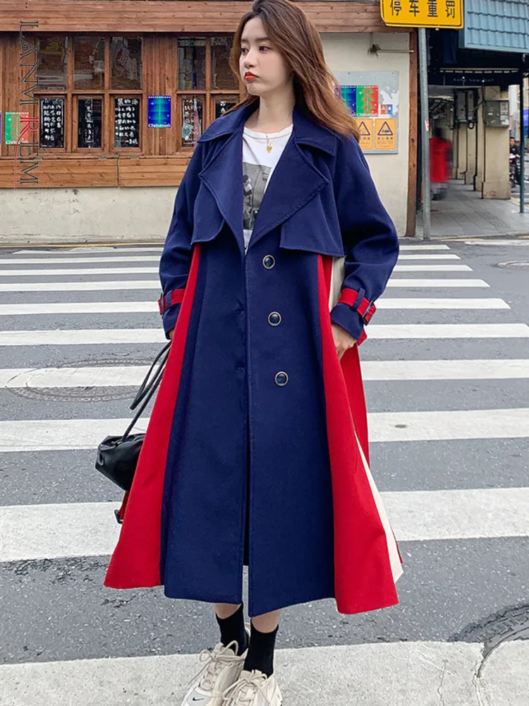 

LANMREM Color Block Stitching Trench Women Lapel Loose Single Breasted Windbreaker With Belt Female Fashion Coat Autumn 2R3406