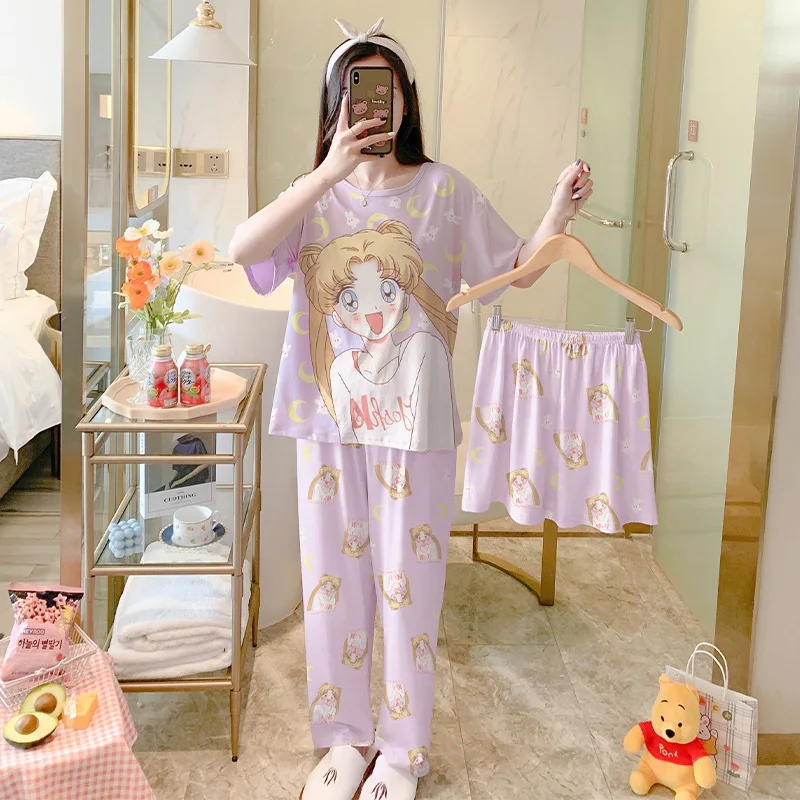 

Короткая женская пижама 3 предмета, домашняя одежда, стильная Ночная одежда с рукавами, корейский комплект, летняя Пижама, повседневный муль...