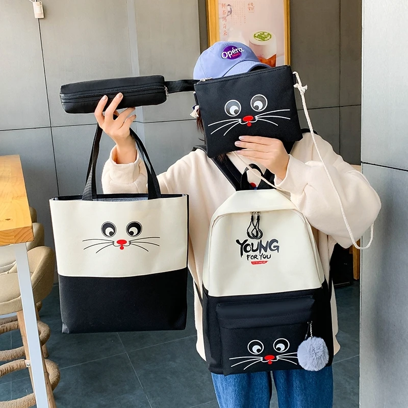 

4 Pcs Sets School Bag Primary School Girl Cute Doll Color Matching Children's Backpack Large-capacity Middle Student Backpack