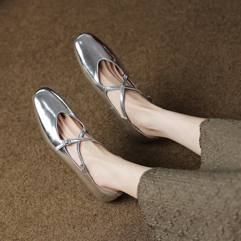 Genuine Leather Silver Flats Women Soft Comfortable Mary Janes Shoes Girls 2022 Autumn New Shallow Slip on Beige Zapatos Mujer