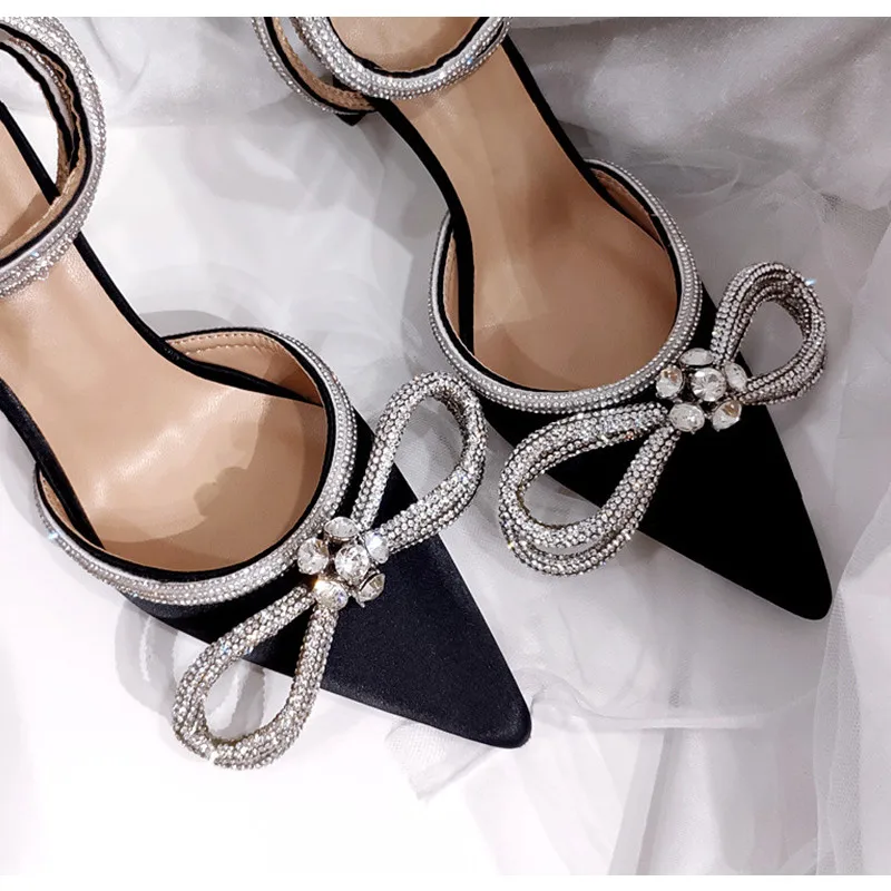 

Lady Shoes Genuine leather High heels Party Prom Shoes 2022 Glitter Rhinestones Women Pumps Crystal bowknot Satin Summer