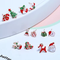 2022 enamel christmas tree snowman stud earrings for women girl asymmetrical cute deer santa claus box xmas party jewelry gift