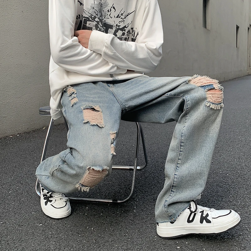 CAAYU 2022 New Baggy Jeans Mens Japanese Streetwear Harajuku Fashion Loose Straight Wide Leg Pants Male Clothing Blue Pants Men