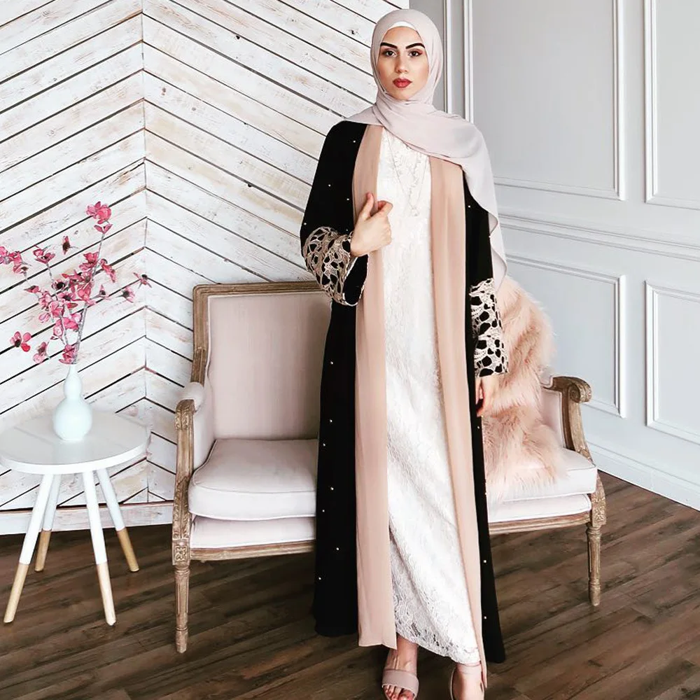 

Wepbel Muslim Women's Dress Abaya Islamic Clothing Ramadan Wear Cuff Golden Lace Stitching Black Inlaid Pearl Outer Wear Kimono